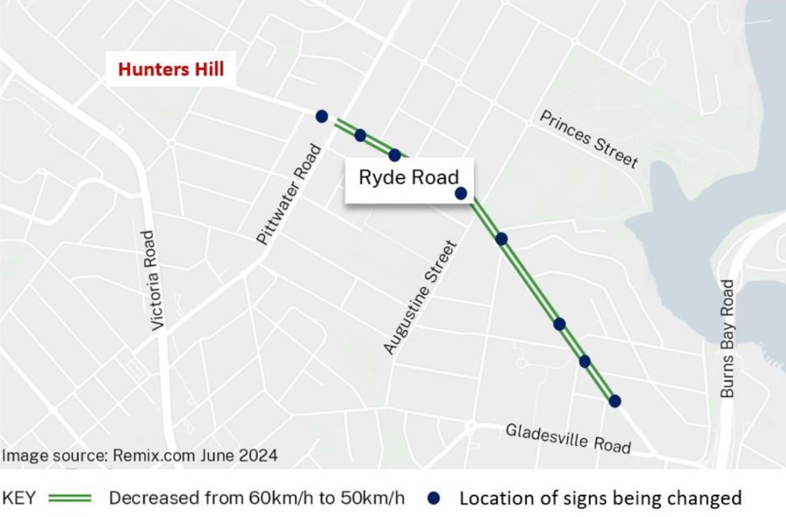 Map of Ryde Road, Hunters Hill where speed limit will be reduced.